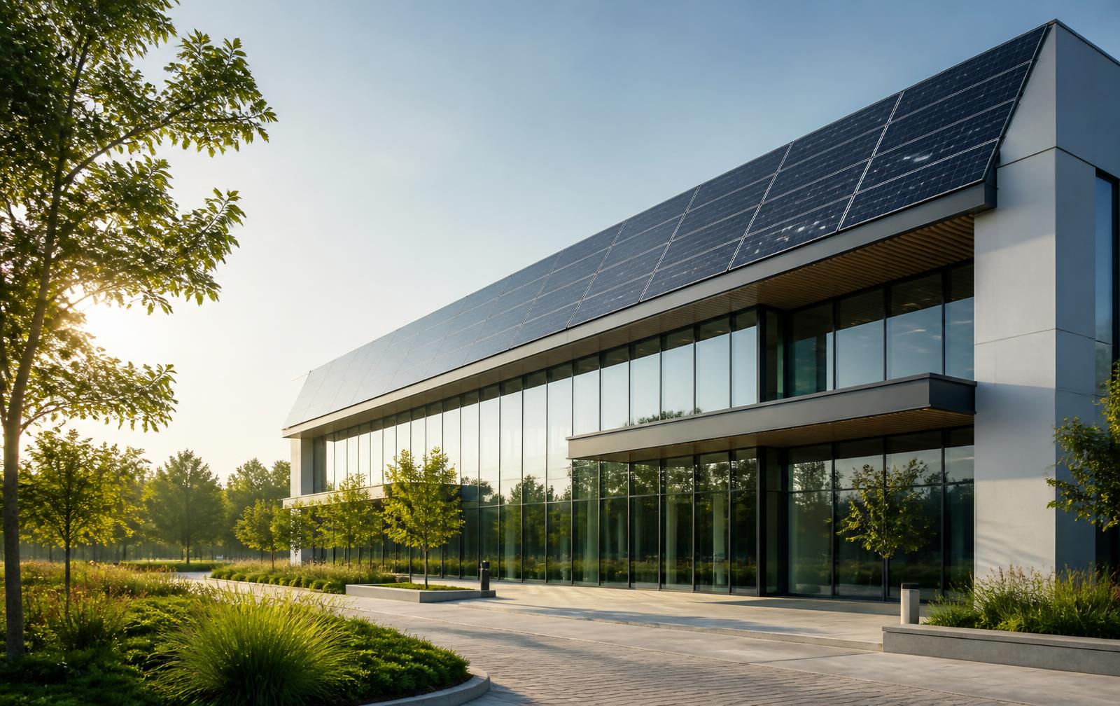 Edificio moderno con pannelli fotovoltaici — ingegneria energetica X-energy