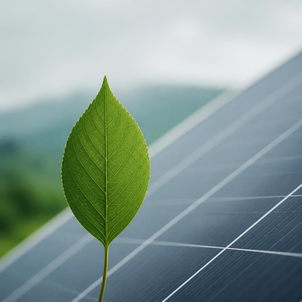 Foglia verde davanti a pannelli fotovoltaici — tecnologia e natura